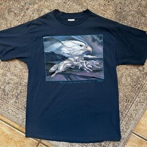 Vintage 90s Cotton Running with the Wind Graphic Tee XL Wolves Eagle Nature Art